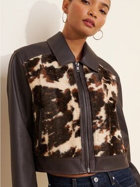 Free People Unreal Fur Yellowstone Faux Fur Paneled Leather Cow Pront jacket